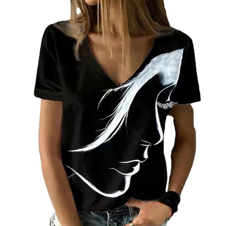 V-Neck-Portrait-Pattern-Short-Sleeve-T-shirt-Womens-Top