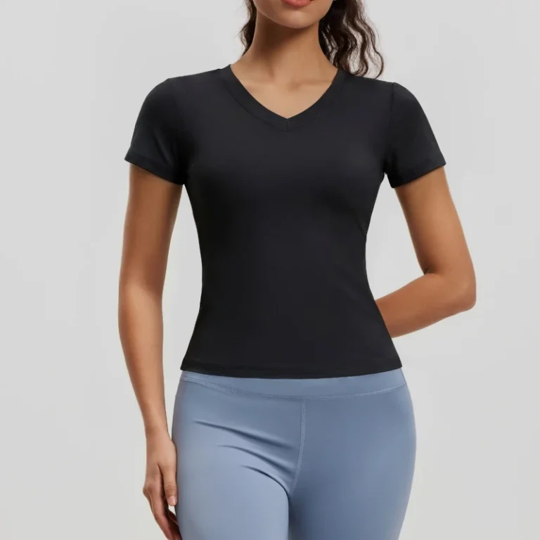 V-Neck-T-Shirts-Gym-Wear-Fitness-Training-Spandex-Nylon-OEM