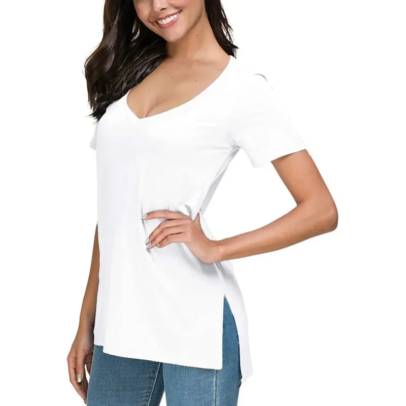 V-Neck-Womens-Sexy-T-Shirts-Solid-Color-Summer-Top-Tee-T-Shirts-Women-Short-Sleeve-Tops-Side-Slit-V-Neck-T-Shirt