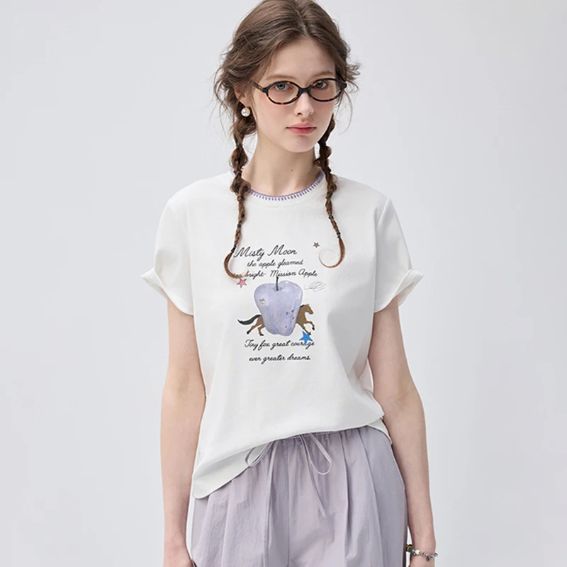 VEGA-CHANG-Womens-White-Apple-Print-T-Shirt-Short-Sleeve-Crew-Neck-Casual-Graphic-Top-with-Contrast-Trim