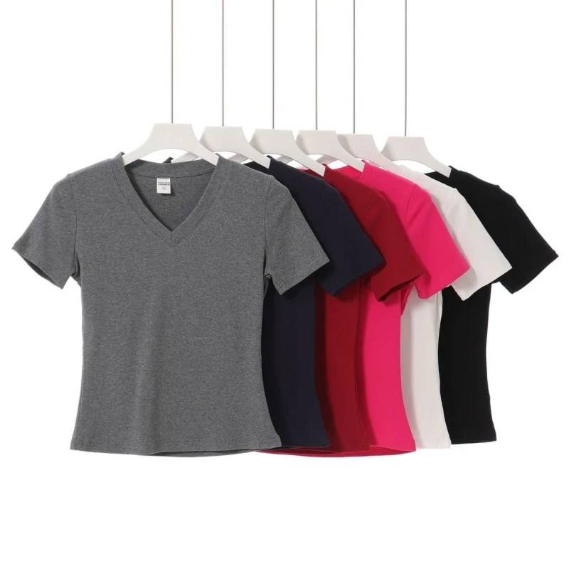 Versatile-Straight-Shoulder-V-Neck-T-Shirt-for-Women-Summer-Pure-Desire-Solid-Color-Short-Sleeve-Top