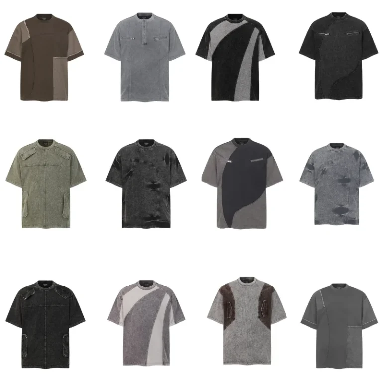 Washed-Distressed-Short-Sleeve-Solid-Loose-Fit-Mens-Summer-Street-Style-T-Shirt-Rivets-Raw-Edges-Irregular-Patchwork