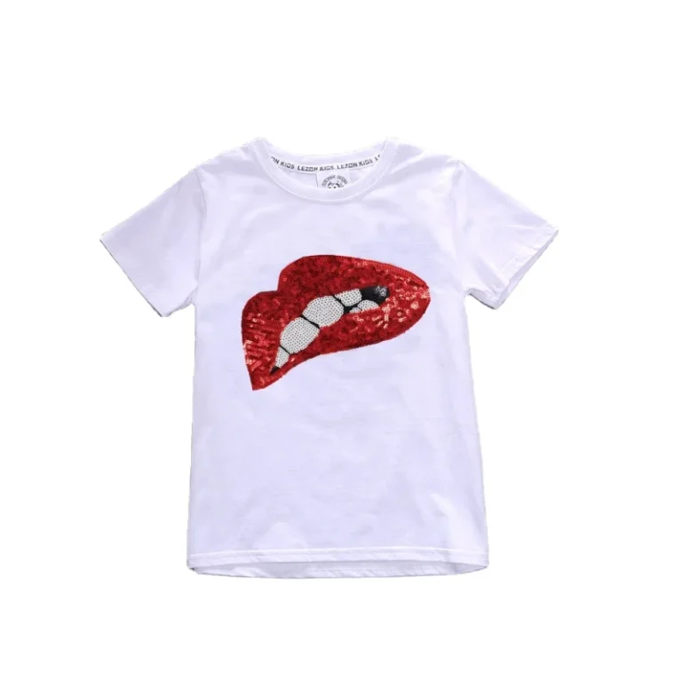 White-Kids-T-Shirt-for-Girls-Casual-Cotton-O-Neck-Printed-Short-Sleeve-Sequin-Lips-Fancy-Pattern-T-Shirt