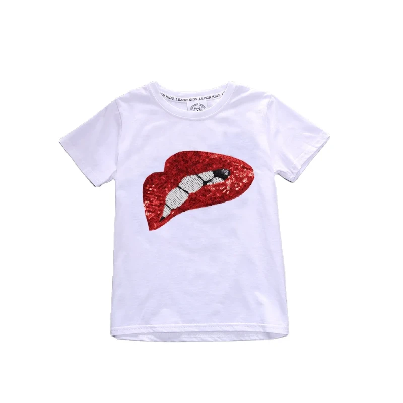 White-Kids-T-Shirt-for-Girls-Casual-Cotton-O-Neck-Printed-Short-Sleeve-Sequin-Lips-Fancy-Pattern-T-Shirt