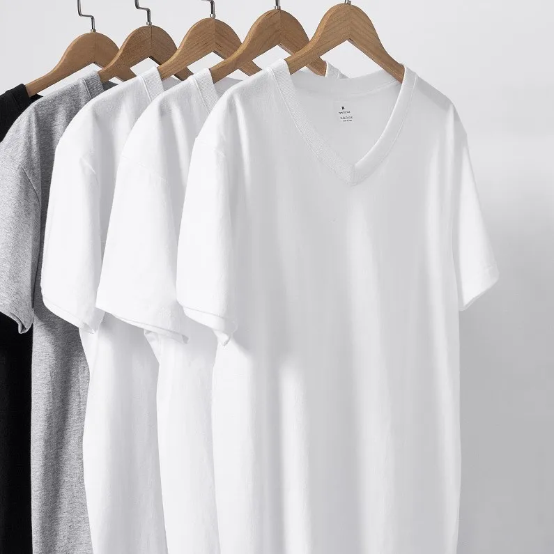 White-V-Neck-Mens-100-Cotton-Slim-Fit-Casual-T-Shirt-Character-Print-180g-Anti-Pilling-Breathable-Custom-Logo-Option