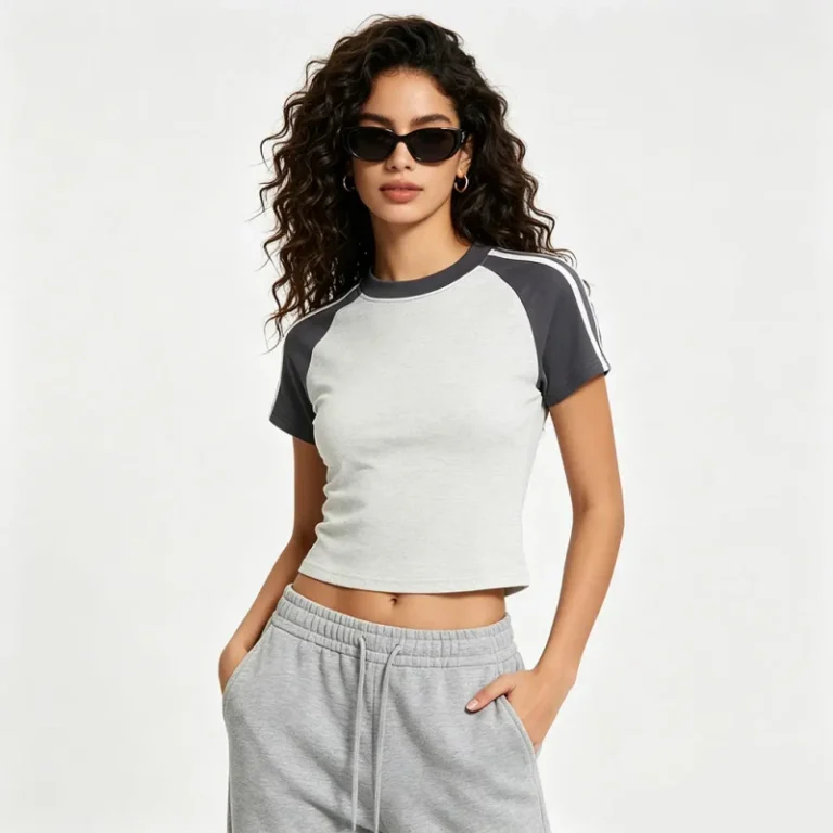 Women-Hot-Girl-T-Shirt-Vintage-Contrast-Stripe-Slim-Fit-Skinny-Tee-Breathable-Elastic-Casual-Top-Custom-Logo-OEM