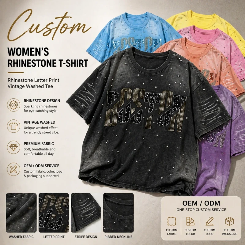 Women-Rhinestone-Letter-Print-Vintage-Washed-T-Shirt-Custom-OEM-ODM-Supply-Sparkle-Studded-Graphic-Tee-Casual-Streetwear-Top