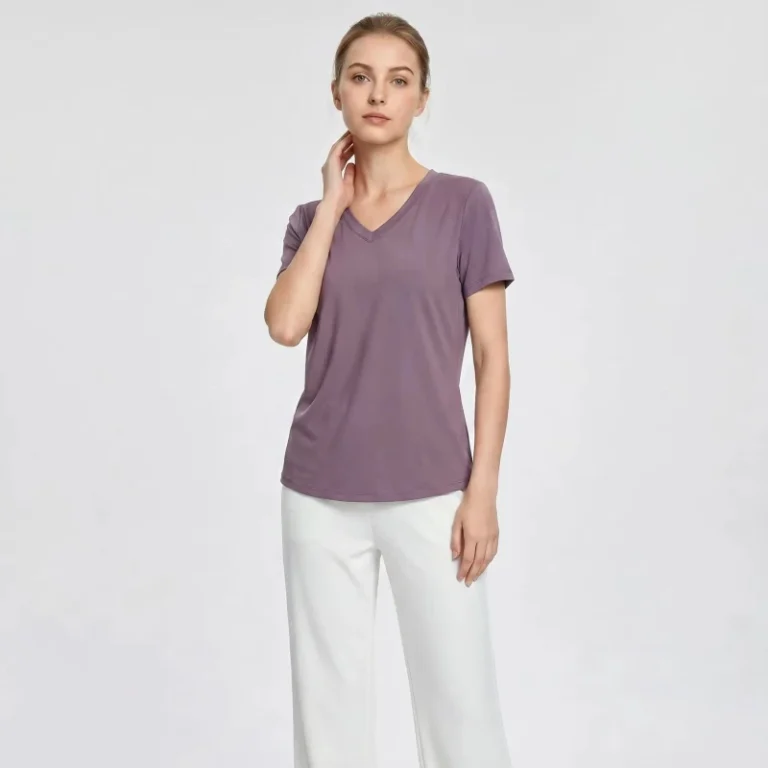 Women-V-Neck-Short-Sleeve-Knitted-Solid-Plain-Dyed-T-Shirt-Soft-Breathable-Basic-Casual-Tee-Customizable