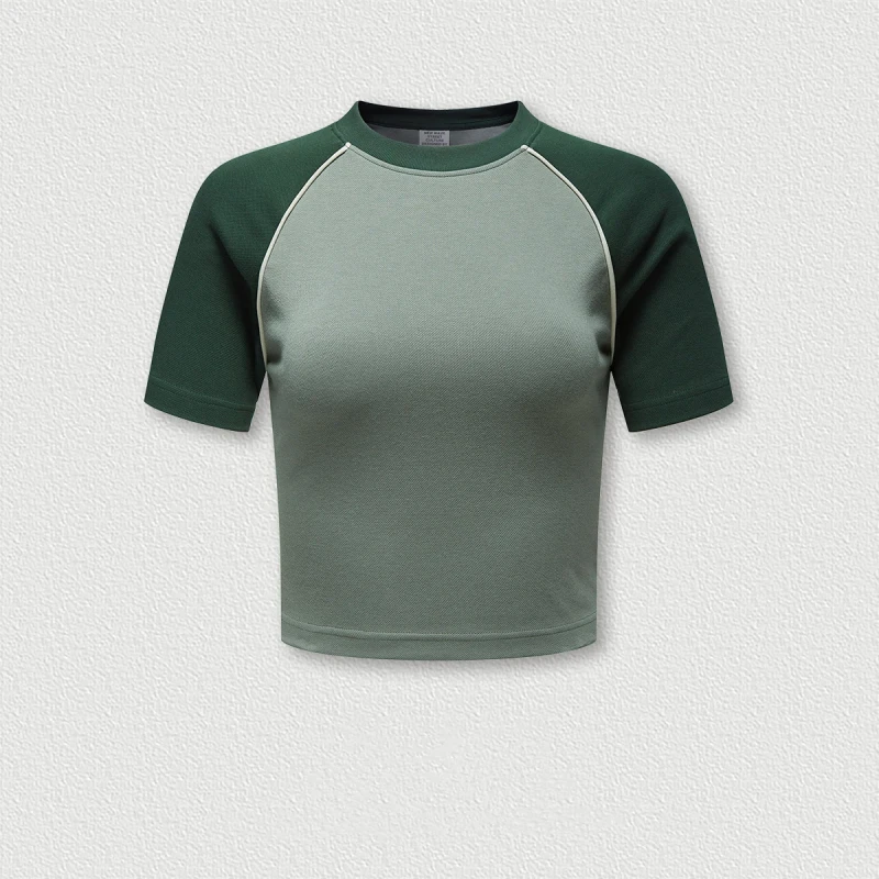 Womens-100-Cotton-Short-Shoulder-T-Shirt-American-Retro-Style-With-Contrast-Sleeve-Print-Pattern
