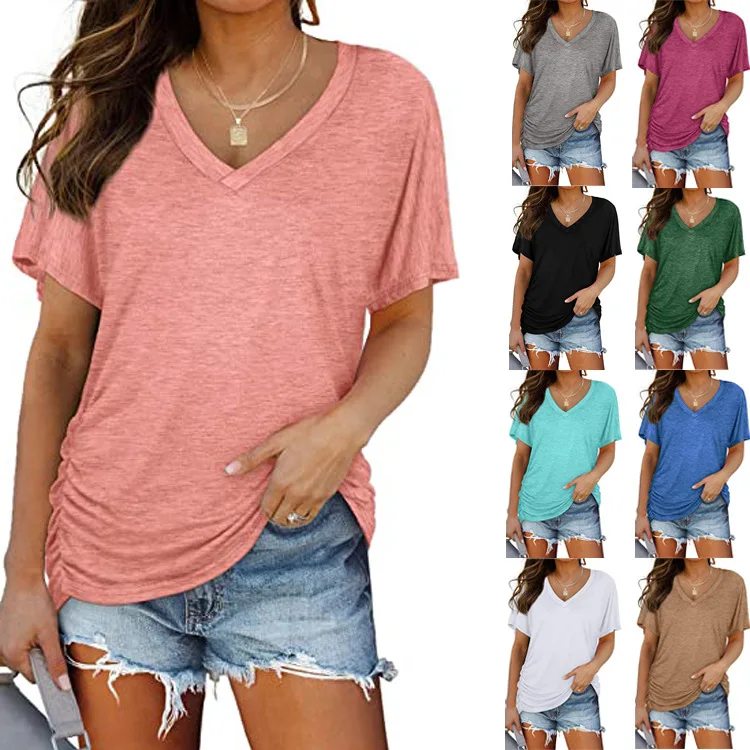 Womens-2025-Solid-Color-Cotton-Short-Sleeve-Side-Pleated-T-shirt