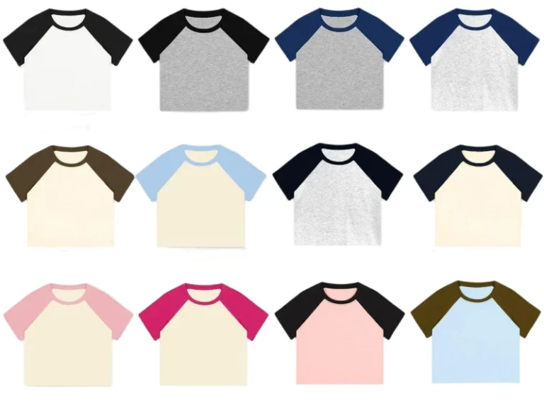 Womens-220GSM-Cotton-Spandex-T-Shirt-Raglan-Sleeve-Crew-Neck-Cropped-Blank-Casual-Summer-Tee-2