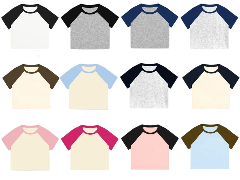 Womens-220GSM-Cotton-Spandex-T-Shirt-Raglan-Sleeve-Crew-Neck-Cropped-Blank-Casual-Summer-Tee-2
