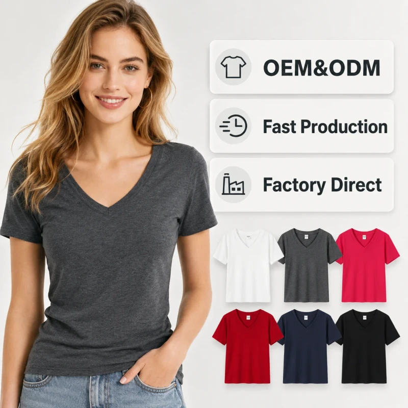Womens-230G-Slim-Fit-Casual-Summer-V-neck-T-shirts-Cotton-Spandex-Blend-Women-Clothes-OEM-ODM