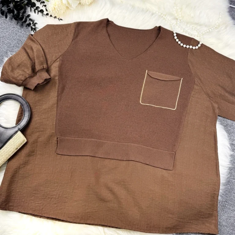 Womens-Autumn-Casual-Loose-Fitting-Knitted-O-Neck-T-Shirt-Short-Sleeves-Solid-Pattern-Pocket-Anti-Pilling-Polyester-Nylon-Short