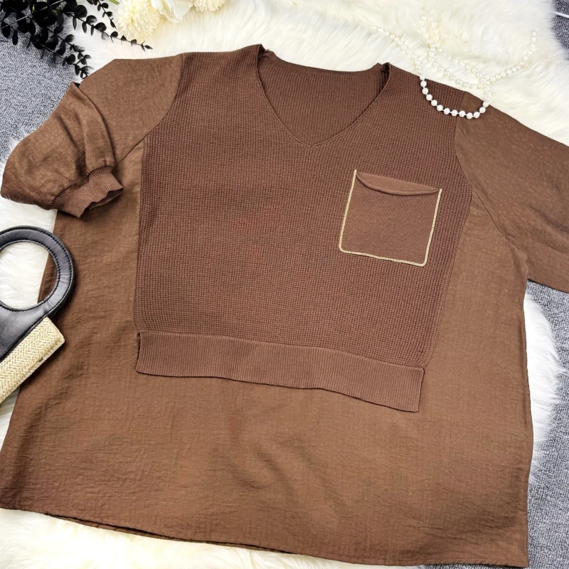 Womens-Autumn-Casual-Loose-Fitting-Knitted-O-Neck-T-Shirt-Short-Sleeves-Solid-Pattern-Pocket-Anti-Pilling-Polyester-Nylon-Short