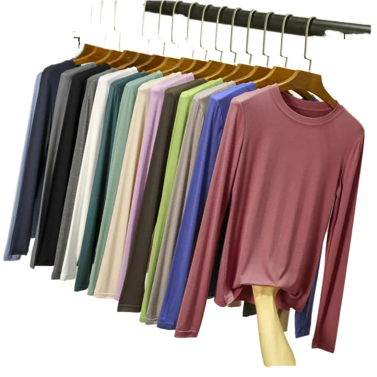 Womens-Autumn-Modal-T-Shirt-Loose-Casual-Style-Basic-Solid-Long-Sleeve-Top-with-O-Neck-DTG-DTF-Breathable-Slim-Fit-Tee