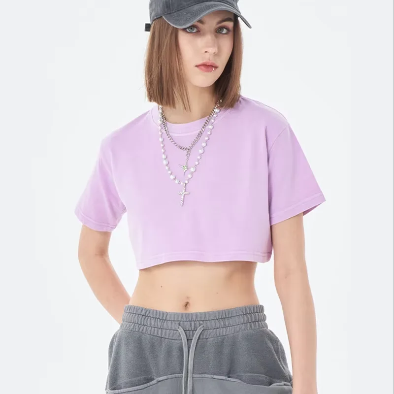 Womens-Basic-Cropped-Tee-Short-Sleeve-Casual-O-neck-Solid-Color-Crop-T-Shirt-Bulk