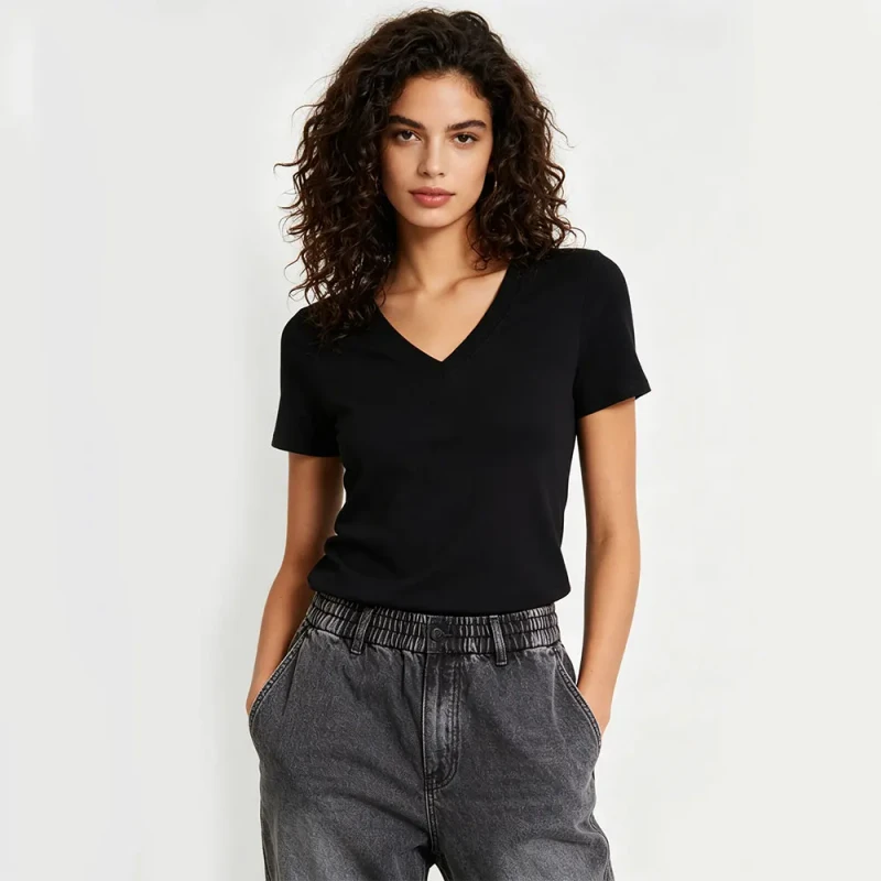 Womens-Breathable-Casual-V-Neck-Short-Sleeve-T-Shirts-Basic-Tee-Curved-Hem-Tops