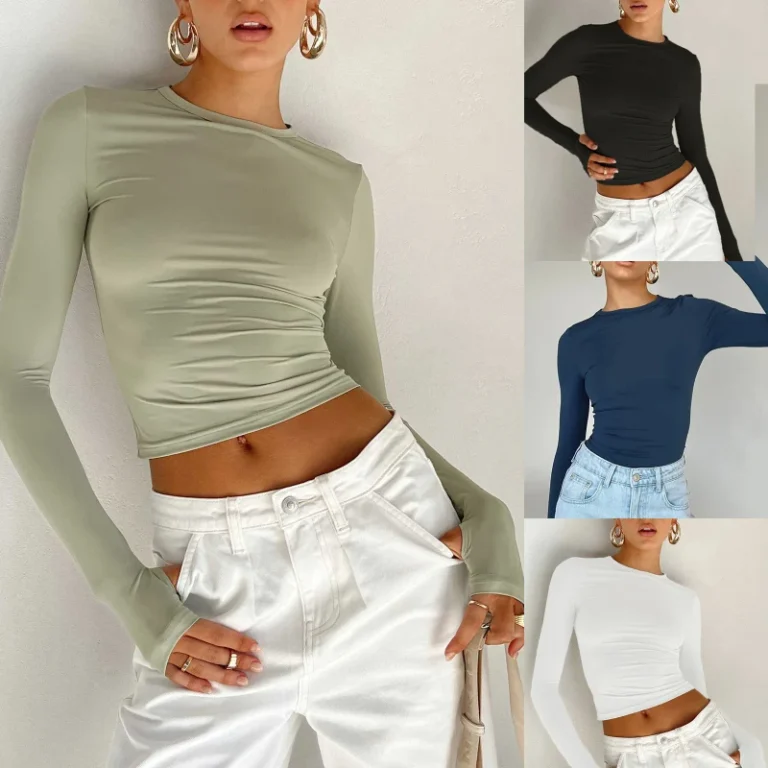 Womens-Casual-Breathable-Long-Sleeve-T-shirt-Regular-Fit-Plain-Solid-Color-Fitness