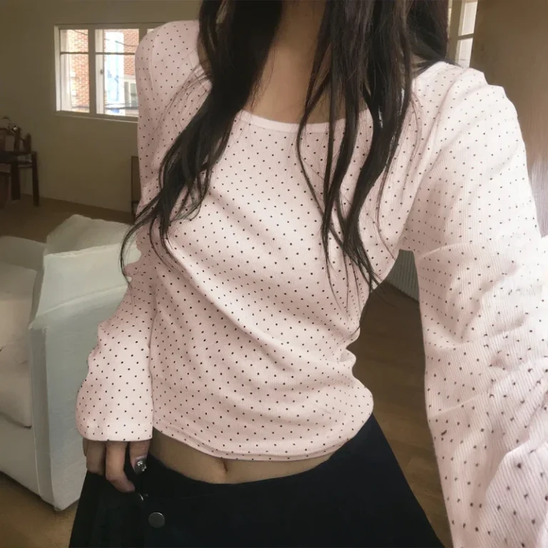 Womens-Casual-Breathable-Quick-Dry-Knitted-Slim-Fit-Long-Sleeve-Polka-Dots-T-shirt