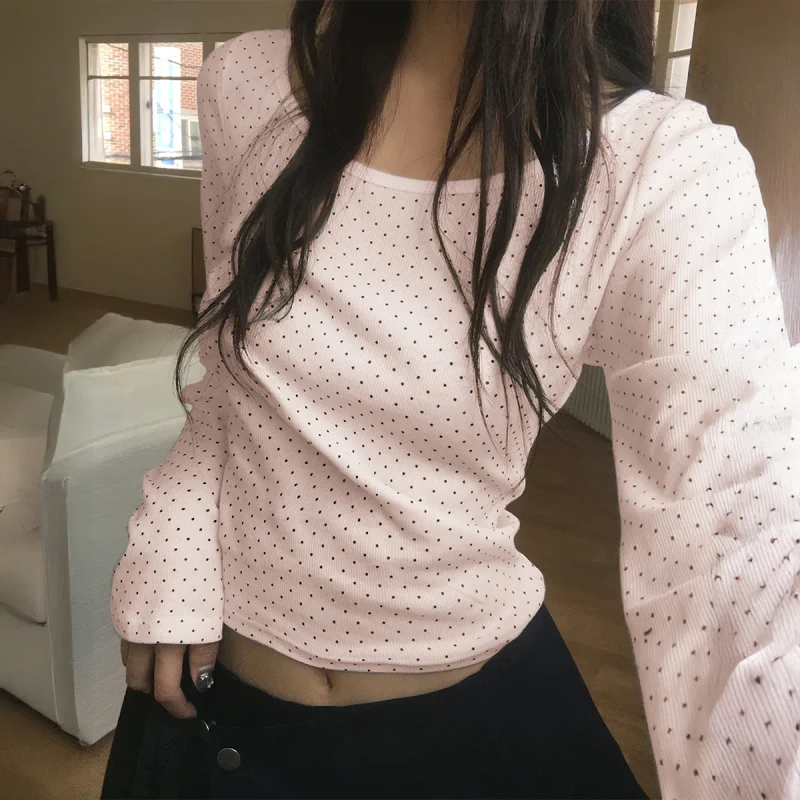 Womens-Casual-Breathable-Quick-Dry-Knitted-Slim-Fit-Long-Sleeve-Polka-Dots-T-shirt