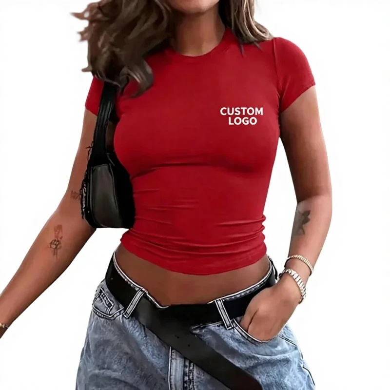 Womens-Casual-Crop-Solid-Color-Round-Neck-180-GSM-Polyester-Slim-Fit-Basic-Short-Sleeve-T-Shirts