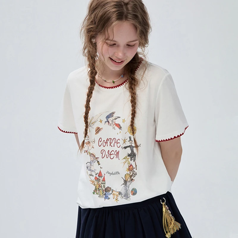 Womens-Casual-Cute-Style-T-Shirt-White-with-Crew-Neck-Short-Sleeve-Fairy-Tale-Print-and-Contrast-Trim
