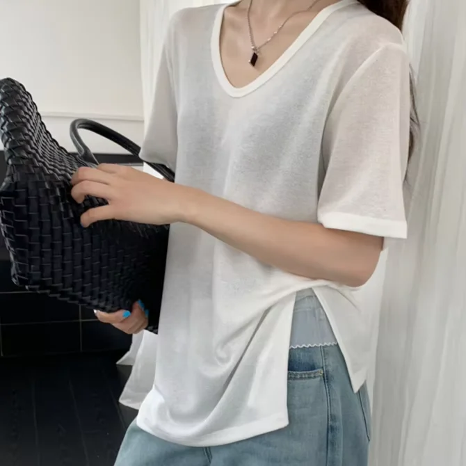 Womens-Casual-Fashion-V-Neck-T-Shirt-Slim-Fit-Short-Sleeved-Knitted-Bottom-Oversized-Style-Size-XS