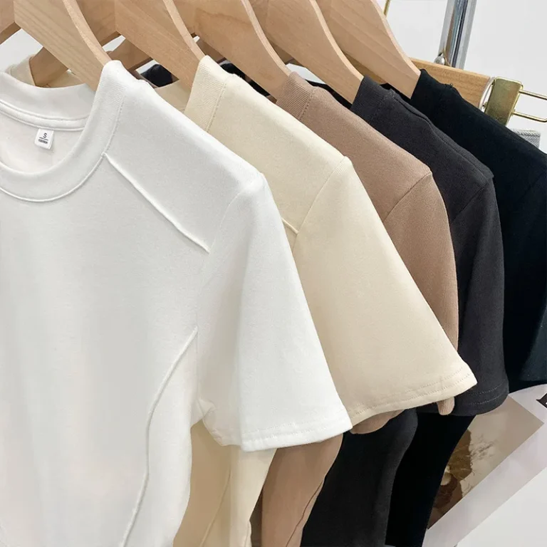 Womens-Casual-Knitted-Polyester-Crew-Neck-Fish-Bone-Shoulder-Design-Slim-Fit-Short-Sleeve-Summer-T-Shirts
