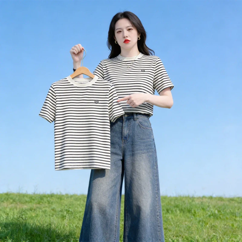 Womens-Casual-Loose-Striped-Short-sleeved-Cotton-Blend-Summer-T-shirt-Slimming-Fashionable-All-match-Top