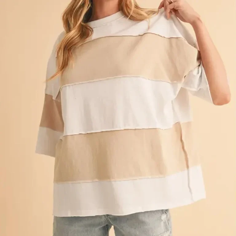 Womens-Casual-Pullover-Raw-Edge-Tshirt-Oversized-Fit-Drop-Shoulder-White-Beige-Color-Block-Patchwork-Oversized-Striped-T-Shirt
