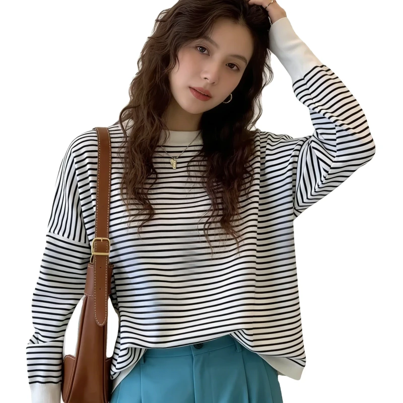 Womens-Casual-Regular-O-Neck-Polyester-T-Shirt-Thick-Striped-Butterfly-Sleeve-Long-Sleeve-Pullover-Autumn-Winter-Warm-Top