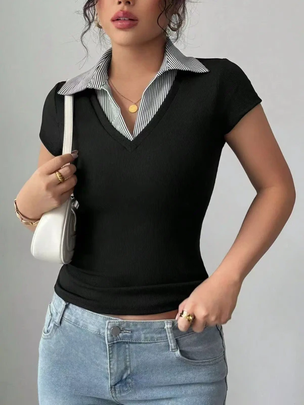 Womens-Casual-Slim-Fit-Summer-Top-Short-Sleeved-for-Collar-T-shirt-XL-Size-Solid-Pattern-Polyester-Knitted