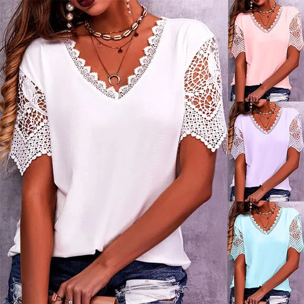 Womens-Casual-Summer-Lace-Solid-Woven-Breathable-Loose-Fit-V-neck-Short-Sleeve-T-shirt