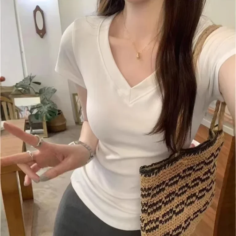 Womens-Casual-Summer-Short-Sleeved-V-Neck-T-Shirt-100-Cotton-Thickened-Neck-Slim-Fit-Waist-High-Knitted-Top-Anti-Pilling