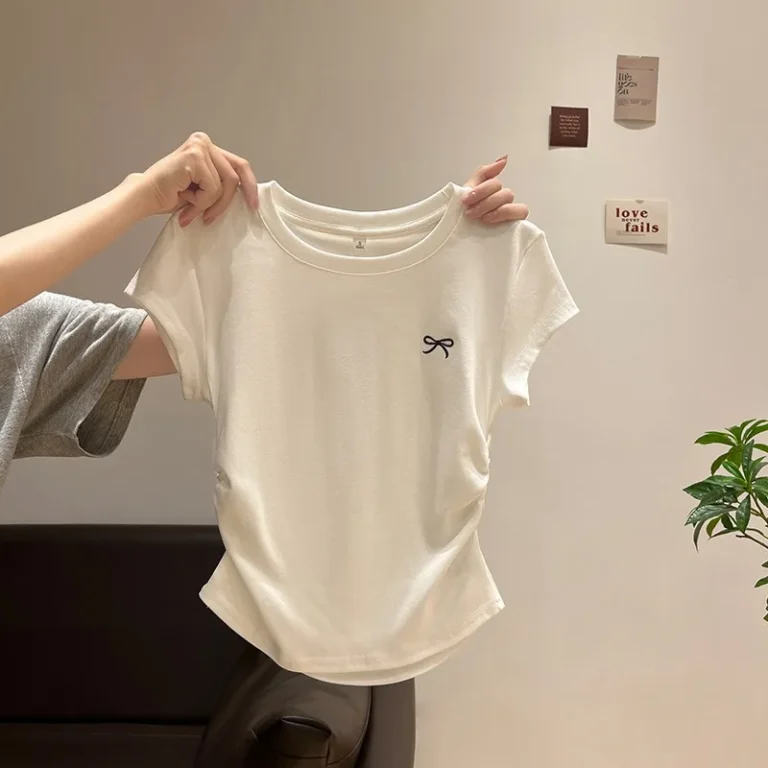Womens-Casual-Summer-T-Shirt-Solid-Polyester-O-Neck-Short-Sleeved-Anti-Pilling-Base-Top-with-Bowknot-Decoration