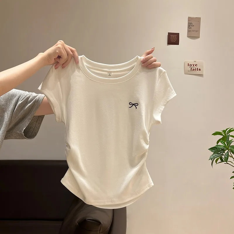 Womens-Casual-Summer-T-Shirt-Solid-Polyester-O-Neck-Short-Sleeved-Anti-Pilling-Base-Top-with-Bowknot-Decoration