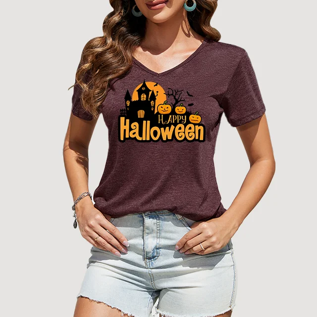 Womens-Casual-V-Neck-Breathable-T-Shirt-with-Logo-Patches-for-Halloween-Low-Priced-Fashion