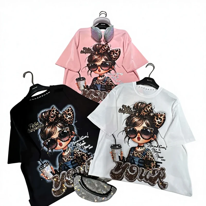 Womens-Comfortable-Cotton-Blend-T-Shirt-Girl-Cartoon-Print-Breathable-Knitted-Digital-Fun-Casual-Style-for-Everyday-Wear