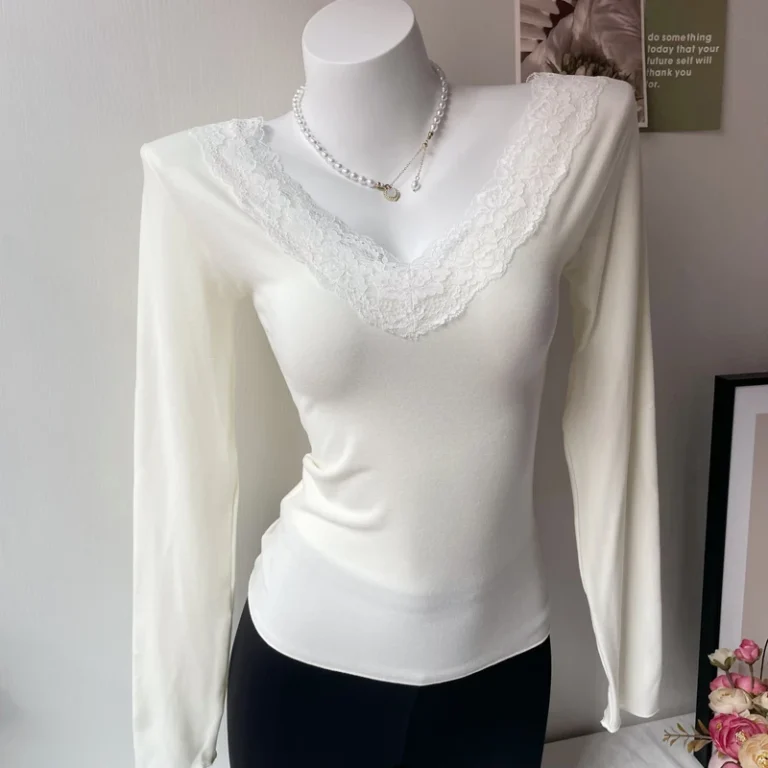 Womens-Comfortable-Lace-V-Neck-Long-Sleeved-T-Shirt-Solid-Color-Slim-Fit-Stretchable-Base-Layer-Top-New-Autumn-Style-T-Shirt