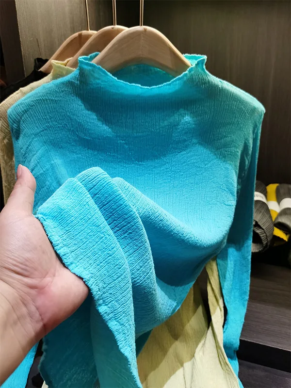 Womens-Cotton-Solid-Color-Pleated-Minimalist-T-shirt-Spring-Summer-Texture-All-Match-Slim-Fit-Stand-Collar-Long-Sleeved