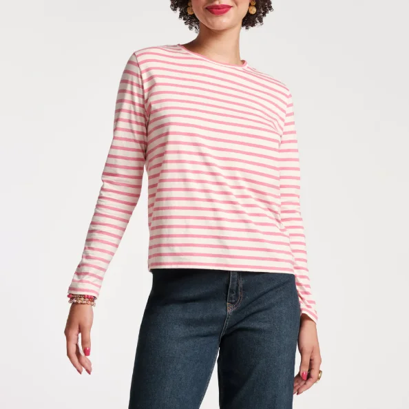 Womens-Crew-Neck-Slim-Fit-Long-Sleeve-Red-White-Cotton-Knit-Striped-Tee-Shirt-Breathable-Casual-Embroidered-Style
