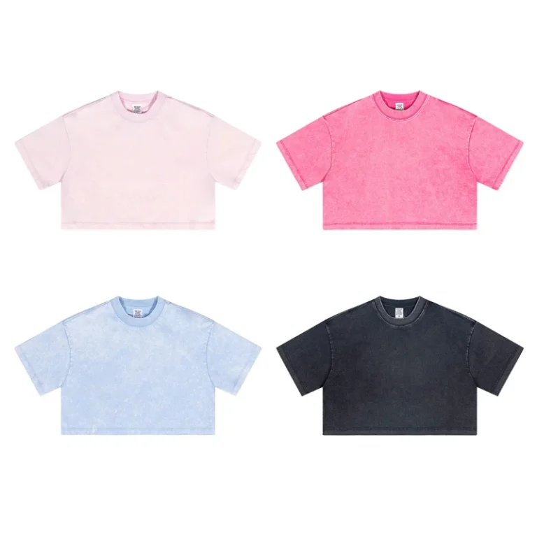 Womens-Crop-Tops-Vintage-T-Shirt-Summer-Tees-Washed-Solid-Color-Custom
