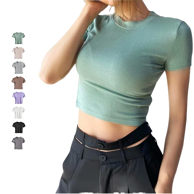 Womens-Custom-Logo-Crop-Top-Breathable-Slim-Eco-Friendly-Embroidered-Ribbed-Knitted-T-Shirt-Summer-Casual-White-Plain-Dyed