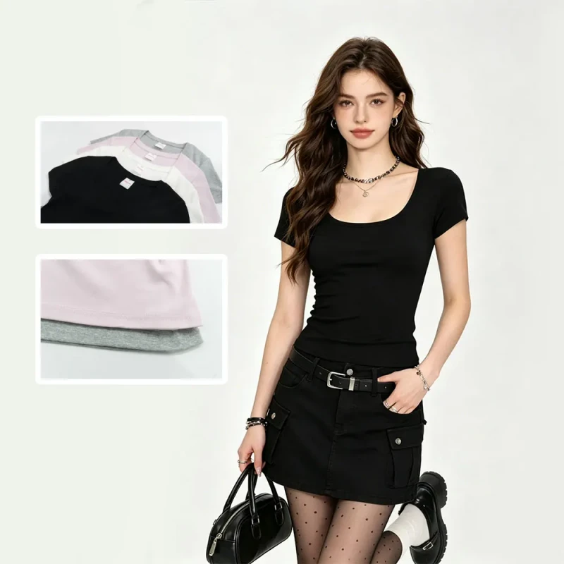 Womens-Deep-U-Neck-Crop-Top-220g-Cotton-Spandex-Slim-Fit-Short-Sleeve-T-Shirt-for-Summer-Casual-Wear