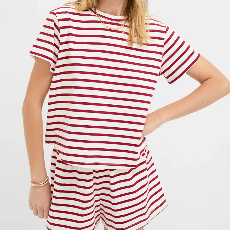 Womens-Drop-Shoulder-Round-Neck-T-shirts-Striped-Contrast-Color-Knit-Top-Short-Sleeve-Summer-Red-Stripe-Tee