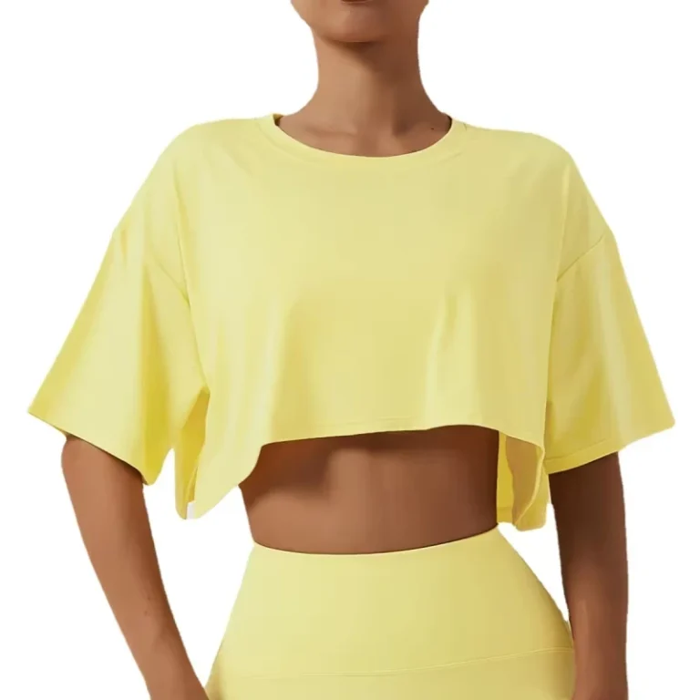 Womens-Eco-Friendly-Summer-Gym-Yoga-Crop-Top-Basic-Yellow-Print-Loose-Athletic-Running-T-Shirts-for-Girls-Workout