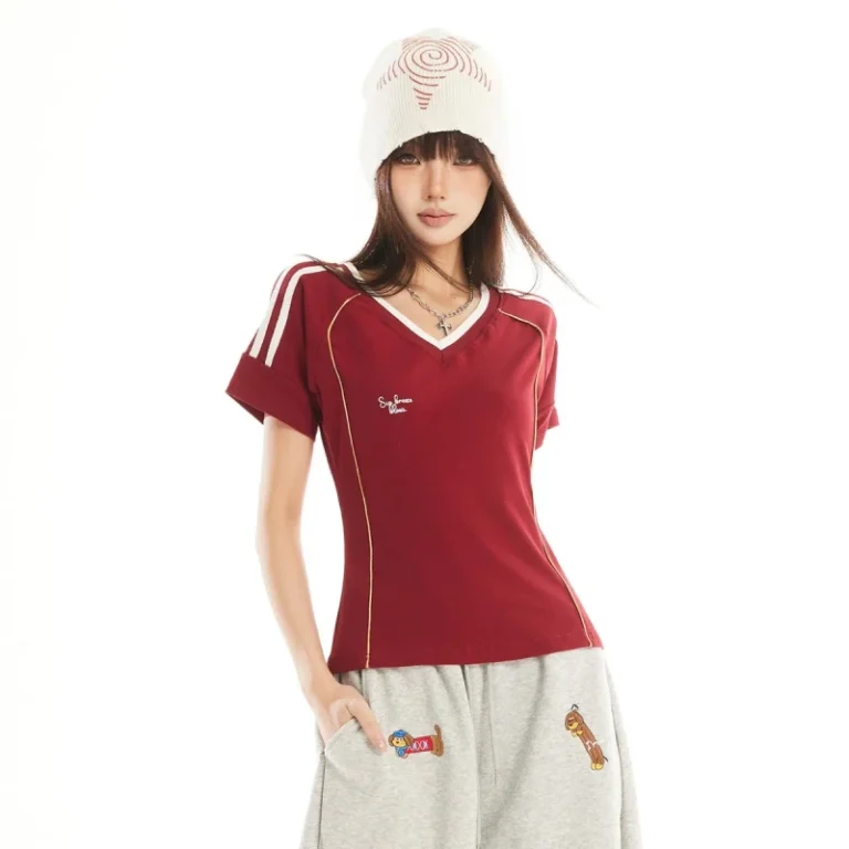 Womens-Elasticity-Geometric-Pattern-Scoop-Neck-Slim-Fit-Short-Sleeve-Cotton-Blend-Jersey-T-shirt-for-Summer-Streetwear
