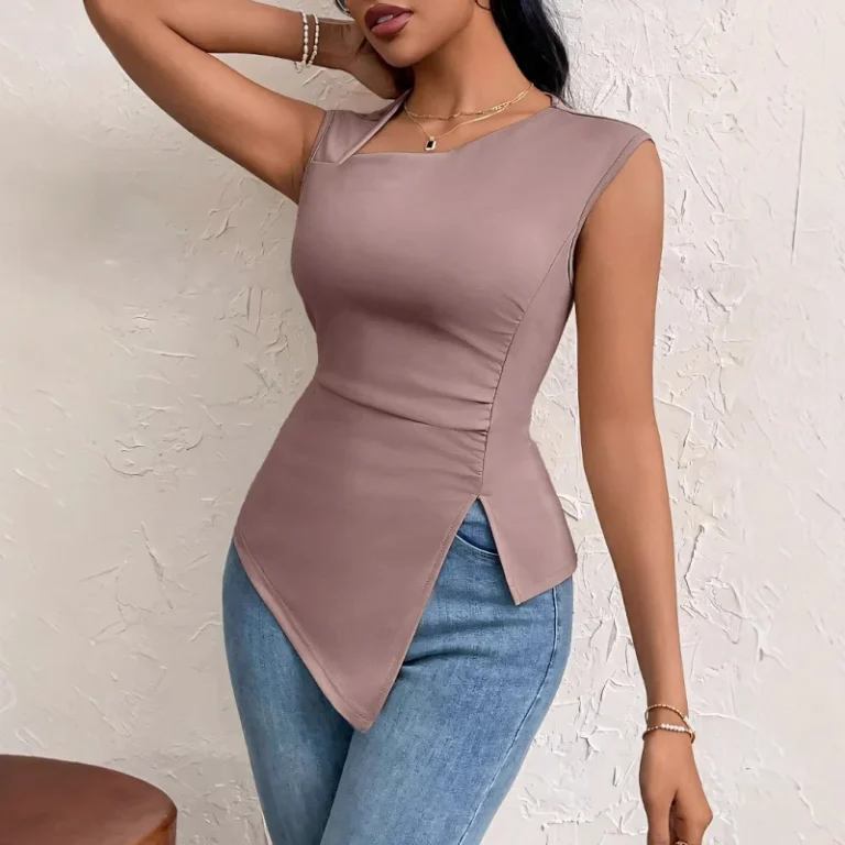 Womens-Elegant-Style-T-shirt-Slant-Collar-Slim-fit-Short-Solid-Color-Irregular-Womens-Top-with-Slant-Neck-Sleeveless