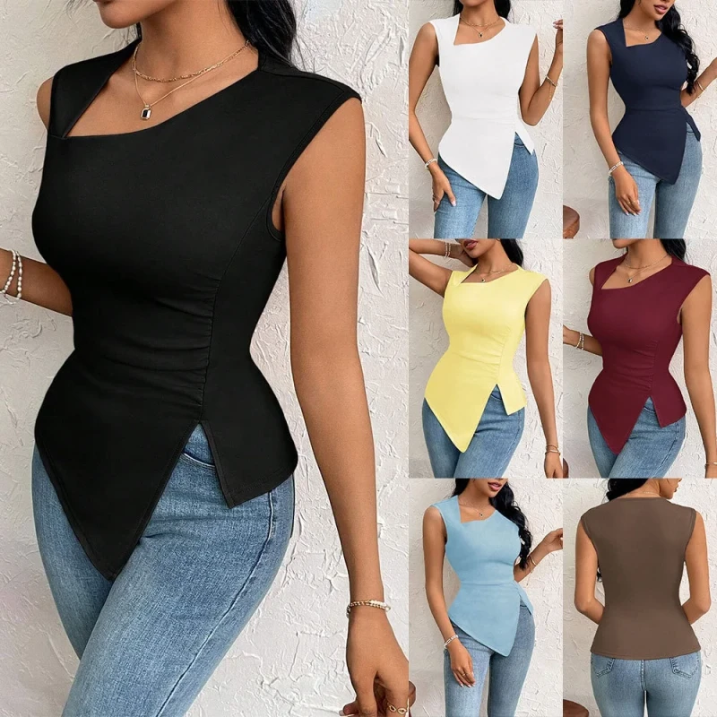 Womens-Elegant-Style-T-shirt-Spring-and-Summer-Slim-fit-Short-Solid-Color-Top-With-Slant-Collar